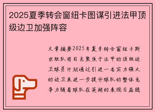 2025夏季转会窗纽卡图谋引进法甲顶级边卫加强阵容 2025夏季转会窗纽卡图谋引进法甲顶级边卫加强阵容