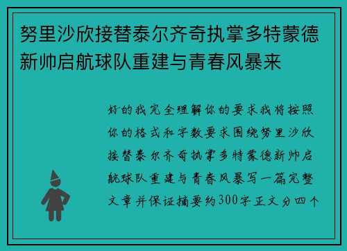努里沙欣接替泰尔齐奇执掌多特蒙德新帅启航球队重建与青春风暴来