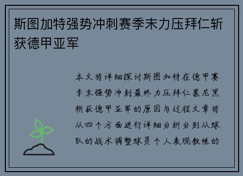 斯图加特强势冲刺赛季末力压拜仁斩获德甲亚军